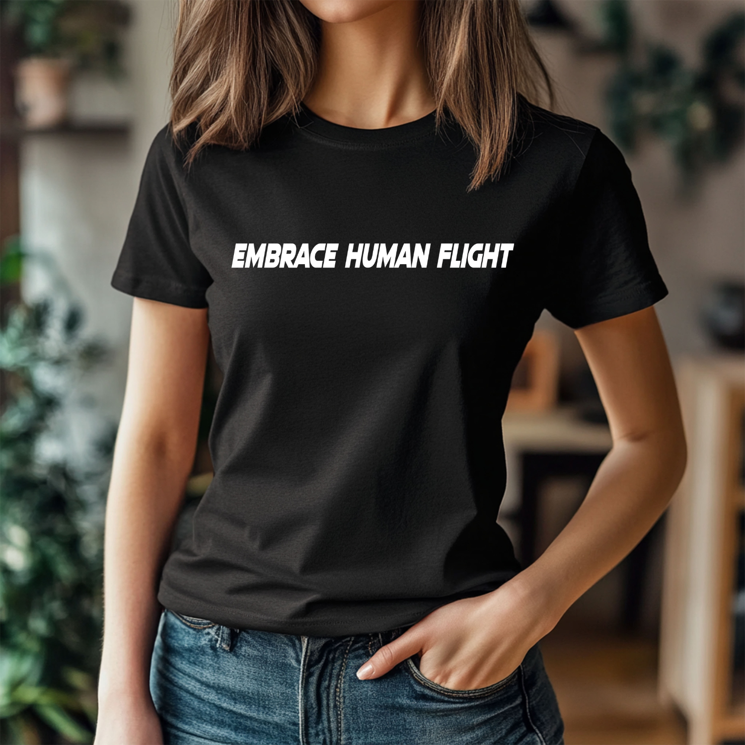 Black tri-blend Embrace Human Flight T-shirt with skydiving graphic, soft retail fit, casual sporty style