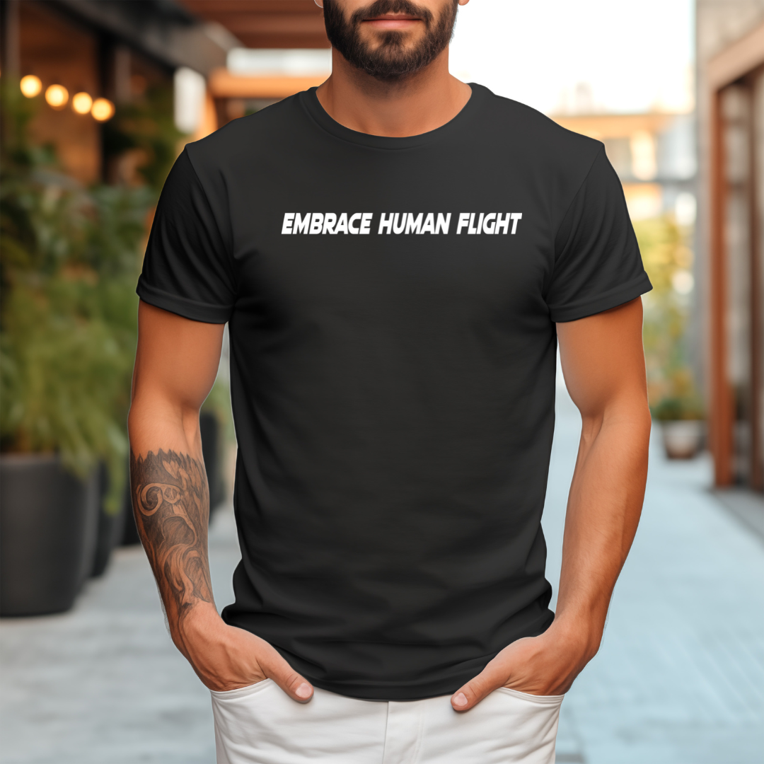 Black tri-blend Embrace Human Flight T-shirt with skydiving graphic, soft retail fit, casual sporty style