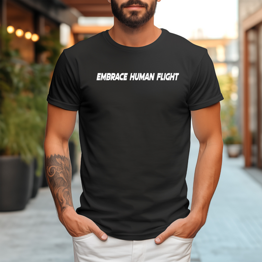 Black tri-blend Embrace Human Flight T-shirt with skydiving graphic, soft retail fit, casual sporty style